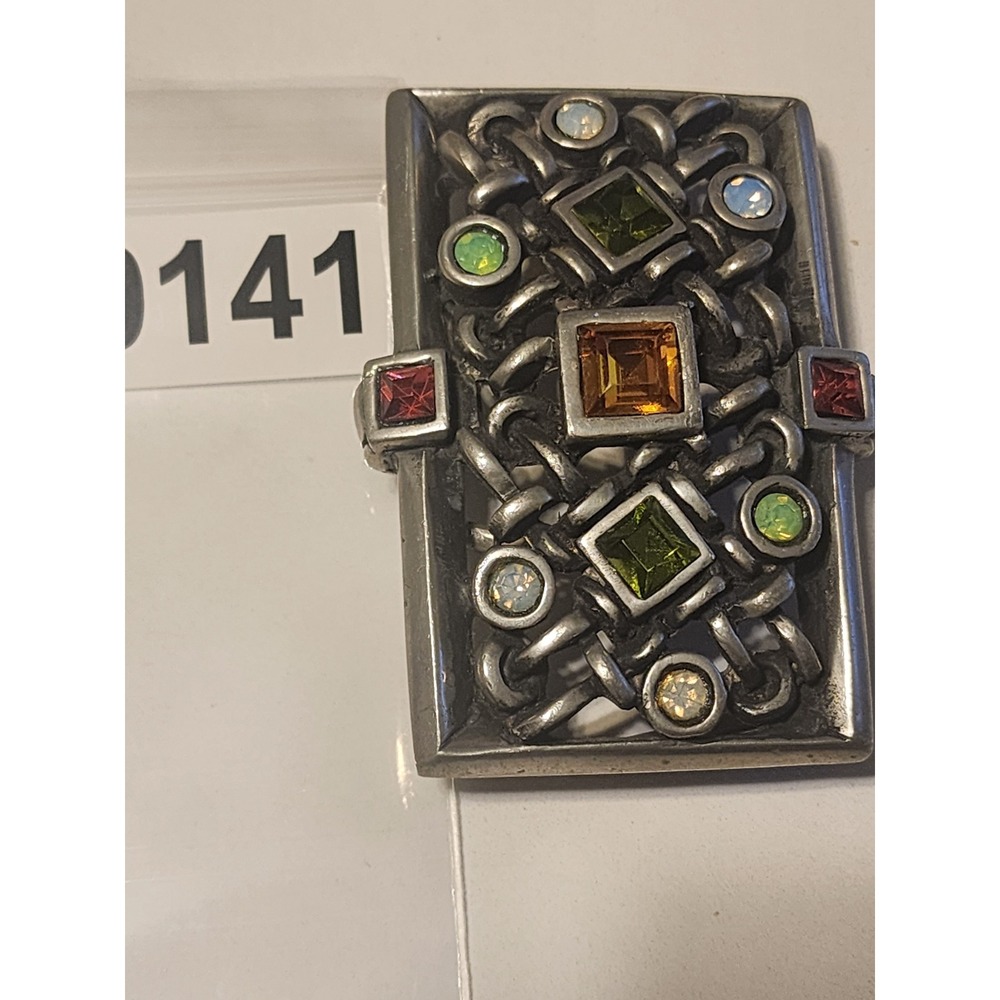 Vintage Belt Buckle Silver Tone Multi Color Crystal Interwoven  Metalwork - Picture 6 of 6